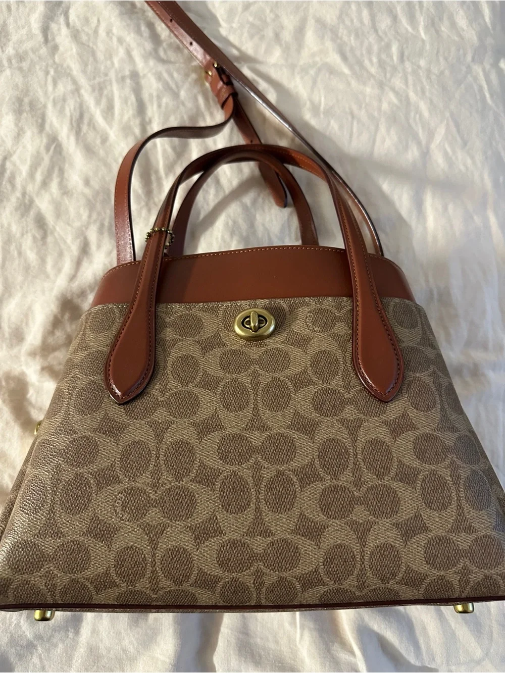 Coach Brown Signature Canvas Satchel with Chestnut Trim and Burgundy Interior